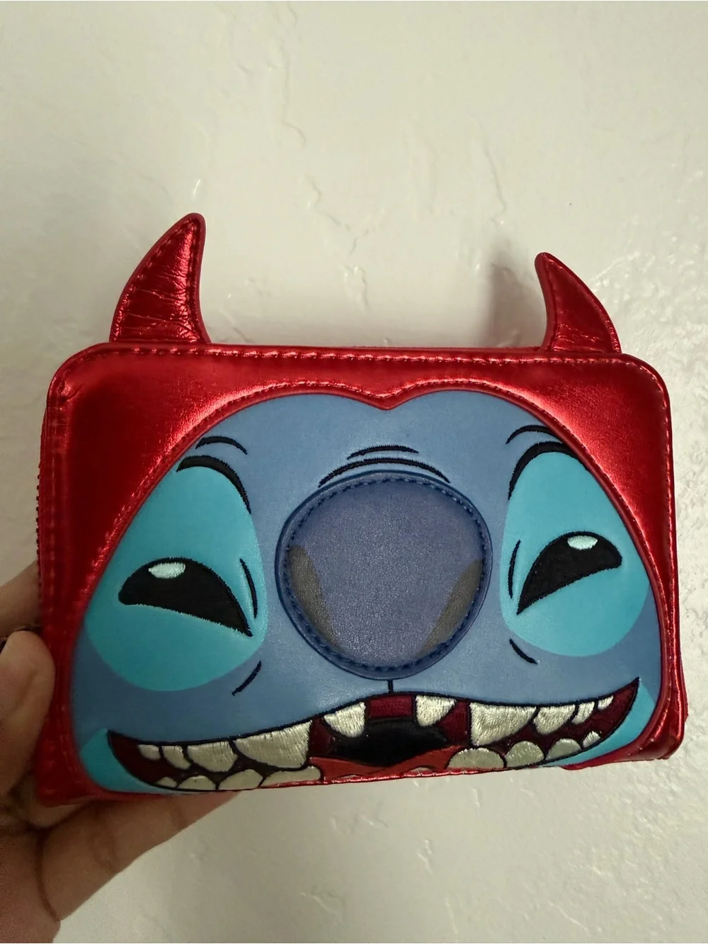 Disney Red Stitch Mini Backpack with Blue Face and Purple Ears w/matching wallet